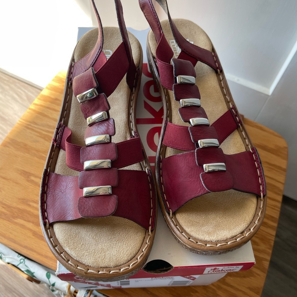 Rieker Burgundy Sandals with Metallic Details